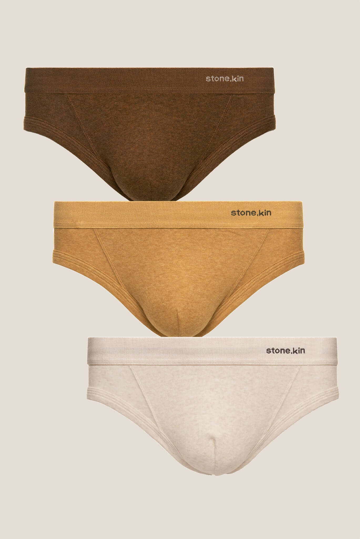 Stonekin Men's Organic Cotton Brief 3-Pack in Brown, Camel, and Bone colours, crafted for super comfort in organic cotton.