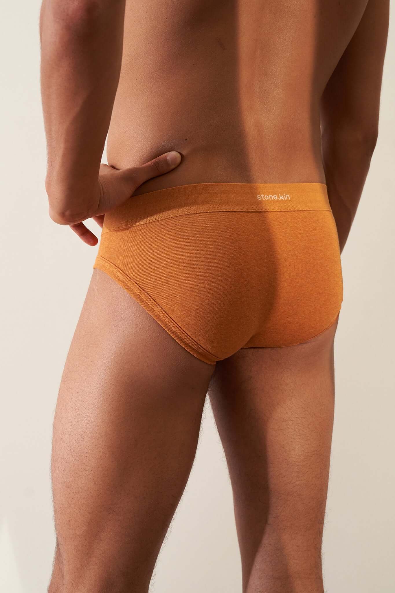 Stonekin Men's Organic Cotton Brief 3-Pack in Papaya, Sand, and Pandanus colours, featuring a classic fit in soft organic cotton.